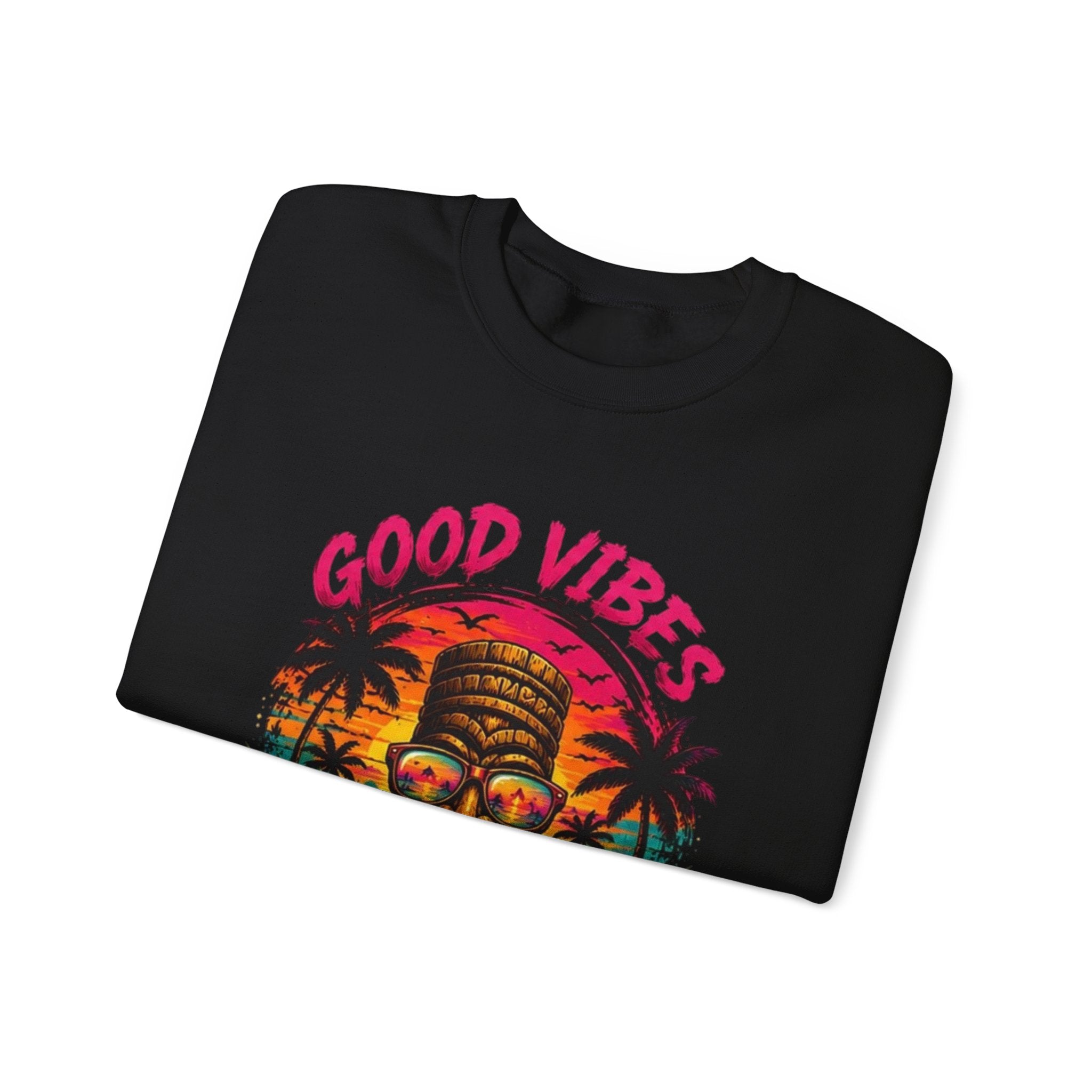 Good Vibes & Tan Lines Crewneck Sweatshirt | Tiki Sunset Palm Design