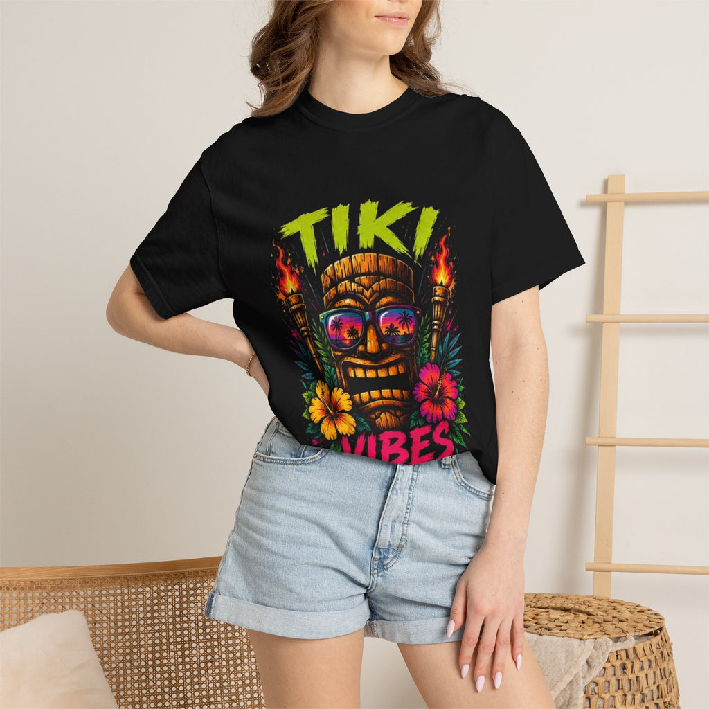 Tiki Vibes T-shirt | Tropical Tiki Mask, Flaming Torches, Hibiscus