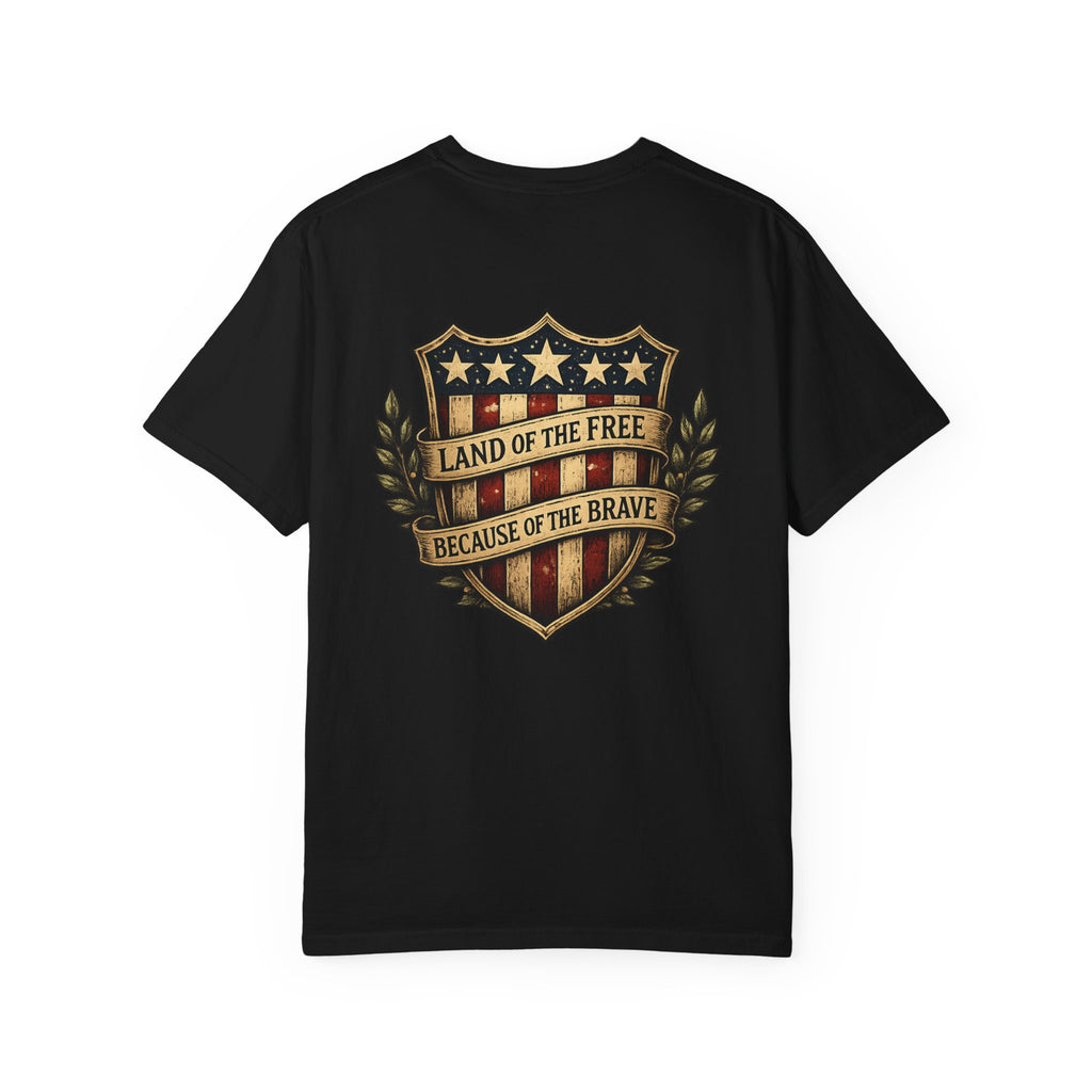 Land of the Free Because of the Brave T-shirt | Patriotic Eagle Shield Design