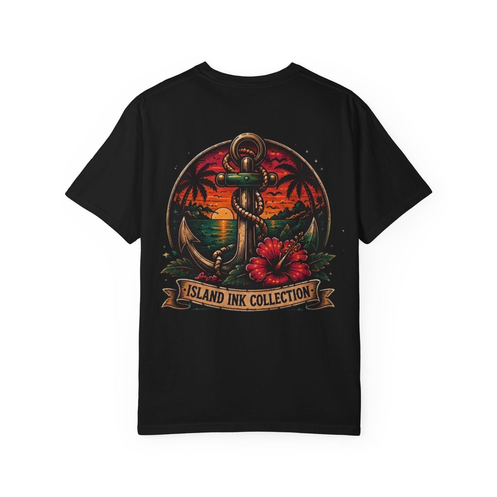 Island Ink Anchor Sunset T-shirt | Tropical Hibiscus Nautical Graphic