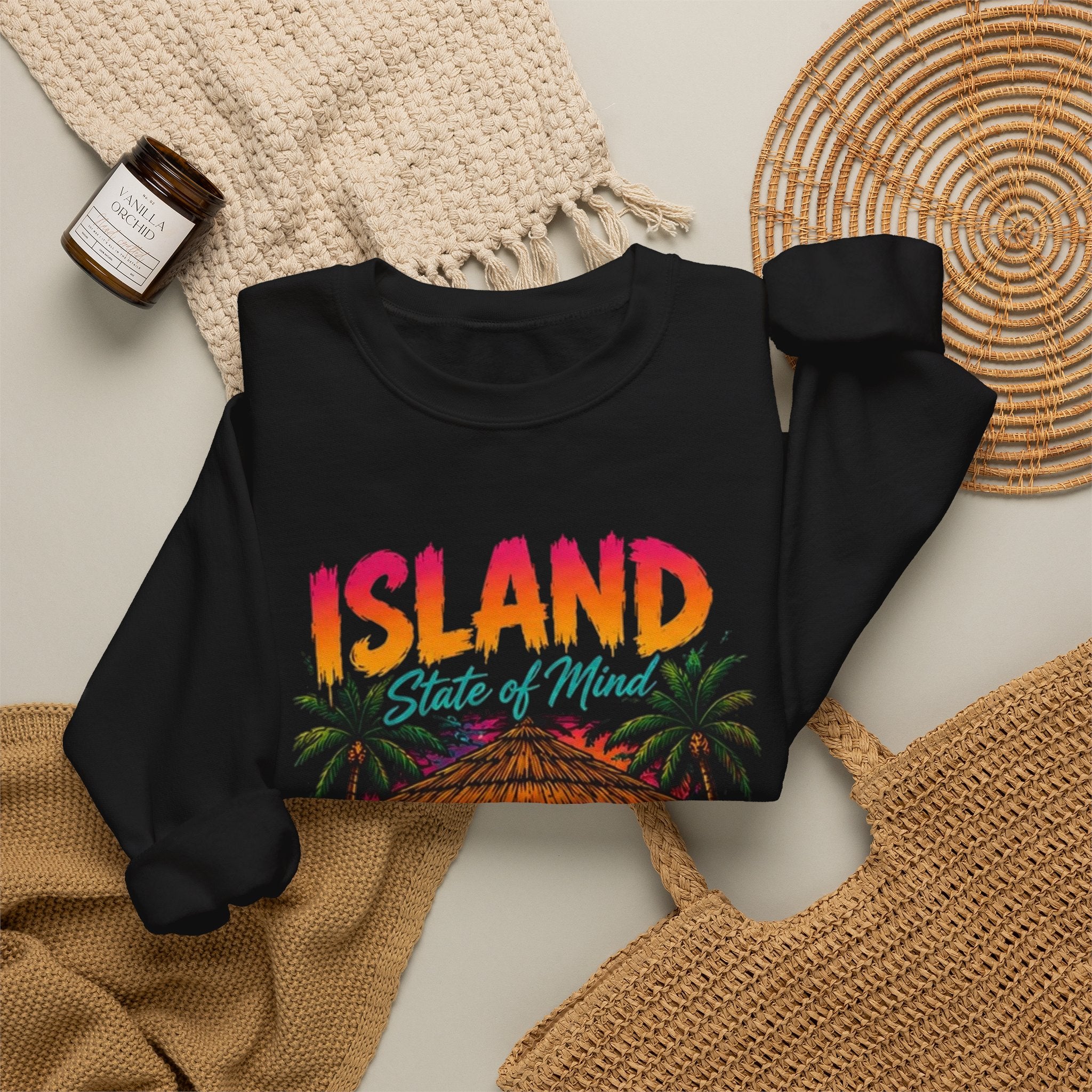 Island State of Mind sweatshirt | Tropical Tiki Hut, Palm Trees & Hibiscus