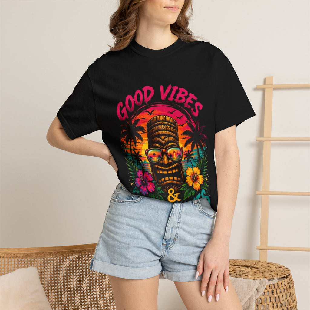 Tiki Skull Good Vibes & Tan Lines T-Shirt | Tropical Sunset Palm Beach