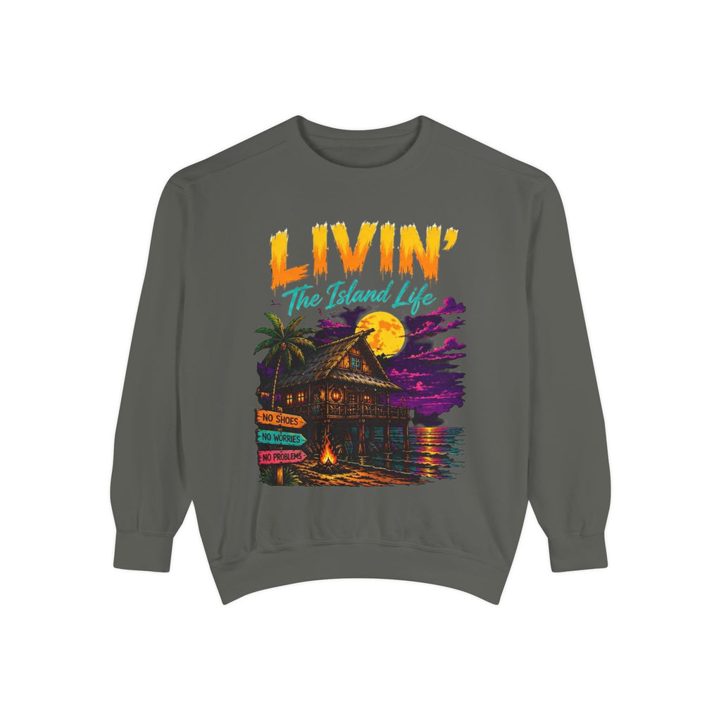 Livin' The Island Life Sweatshirt | Tiki Hut Sunset Beach Scene