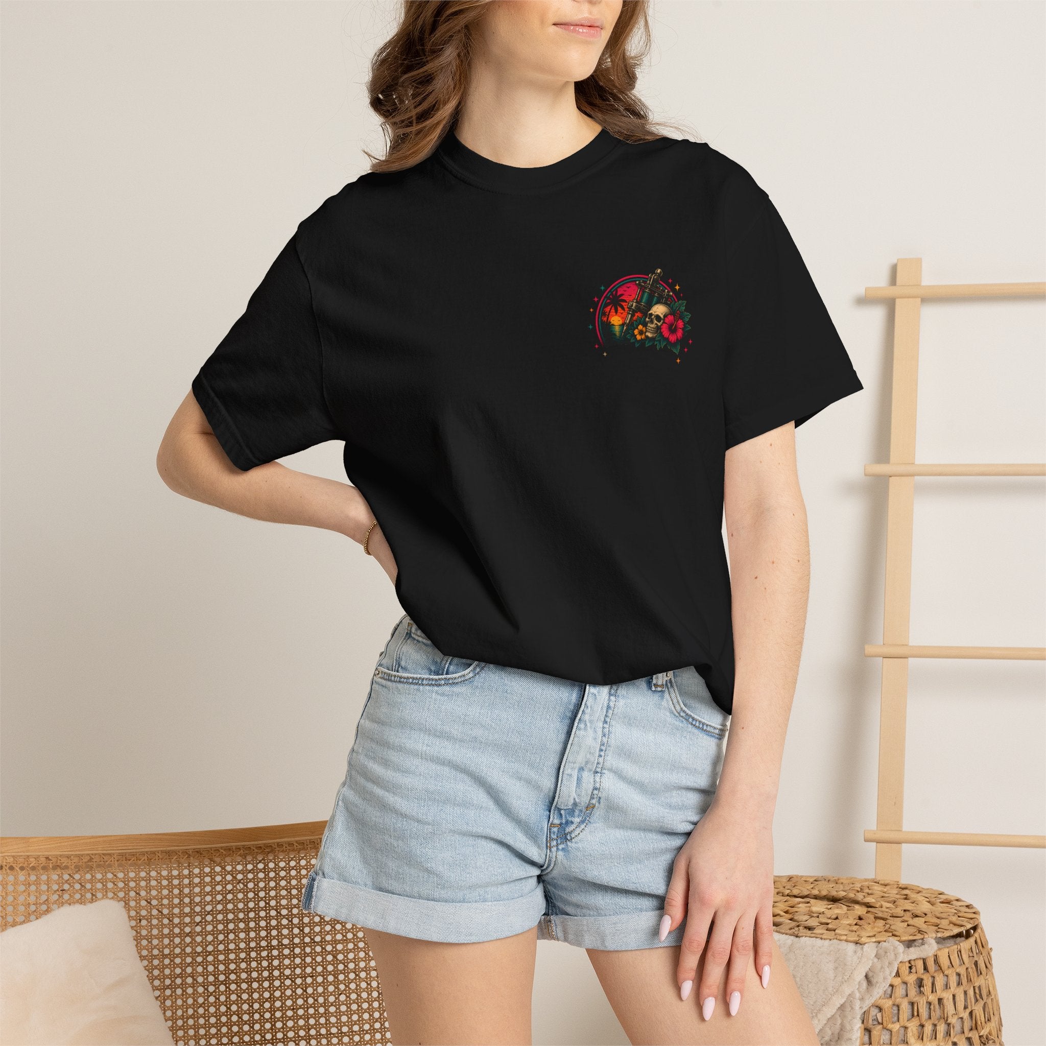 Island Ink Anchor Sunset T-shirt | Tropical Hibiscus Nautical Graphic